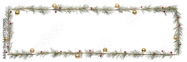 Fototapeta Christmas frame with fir branches, red berries and golden balls isolated on transparent background