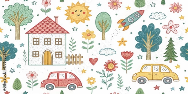 Fototapeta Whimsical hand-drawn doodle seamless pattern with house, rainbow, rocket, flowers, clouds, sun, trees, stars, and car. Cute colorful kids sketch background for fabric, wallpaper, or stationery.