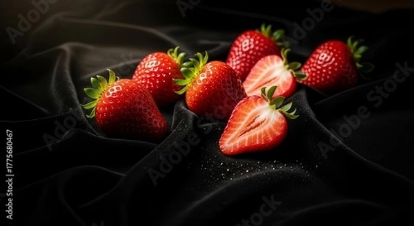 Fototapeta Freshly Picked Strawberries Displayed on a Luxurious Black Silk Surface