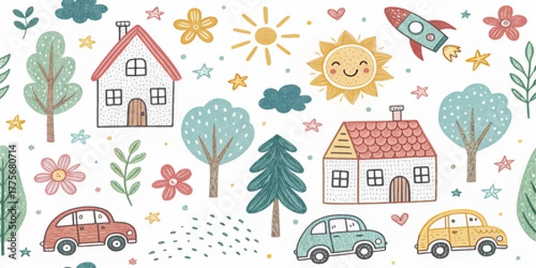 Fototapeta Whimsical hand-drawn doodle seamless pattern with house, rainbow, rocket, flowers, clouds, sun, trees, stars, and car. Cute colorful kids sketch background for fabric, wallpaper, or stationery.
