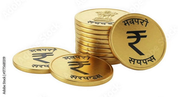 Fototapeta Golden indian rupee coins stacked and scattered