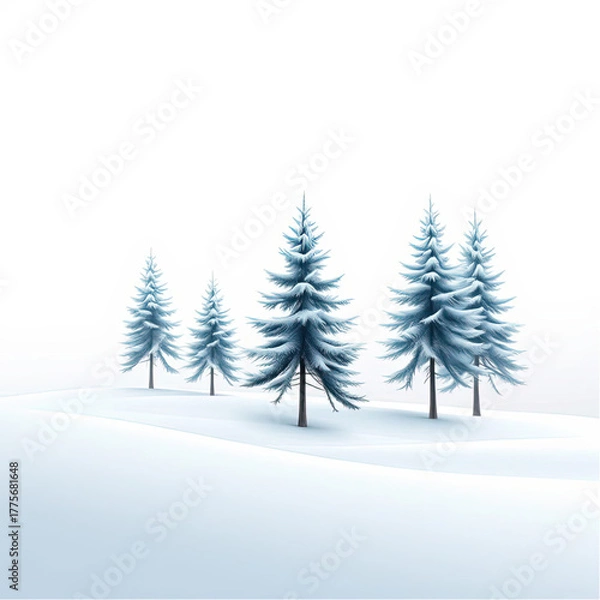 Obraz Minimalist  winter wallpaper with clean white and pastel blue tones, stylized pine trees, and a snowfal subtle effects.eps