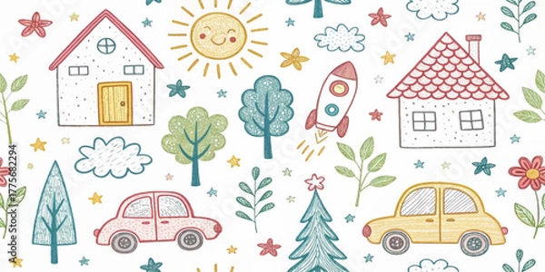Fototapeta Whimsical hand-drawn doodle seamless pattern with house, rainbow, rocket, flowers, clouds, sun, trees, stars, and car. Cute colorful kids sketch background for fabric, wallpaper, or stationery.