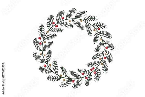 Fototapeta Christmas wreath with pine branches and berries isolated on transparent background