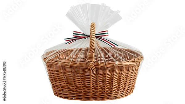 Fototapeta Wicker basket with transparent wrapping isolated on transparent background for gift