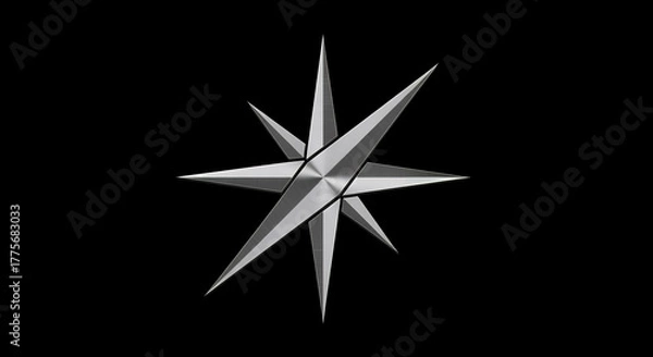 Fototapeta Abstract metallic compass rose with sharp points and intricate geometric design on a stark black background