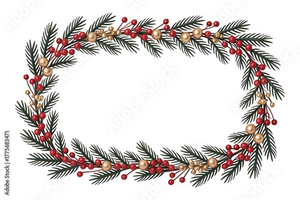 Fototapeta Christmas frame with pine branches, red berries and gold balls isolated on white isolated on transparent background
