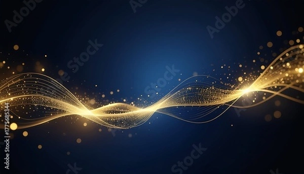 Obraz Abstract golden light waves flowing on a dark blue background, digital art with bokeh effect