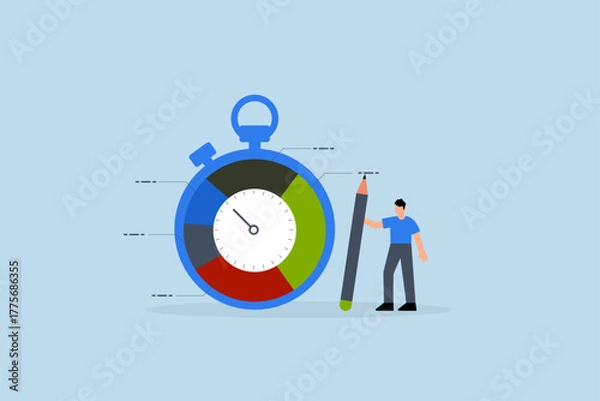 Fototapeta Time tracking system, businessman stands with stopwatch timer and time spent pie chart.