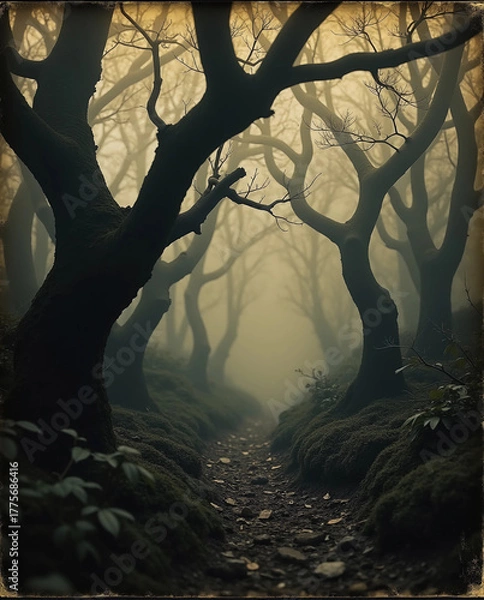 Fototapeta Mysterious dark forest path with twisted trees in foggy atmosphere, fantasy landscape