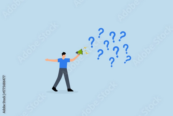 Fototapeta Ask questions to get answer for solving problem, businessman poses inquiries on megaphone filled with numerous question marks.