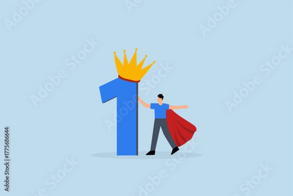 Fototapeta First winner achievement, triumphant entrepreneur hero poses with first place trophy and crown.