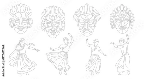 Obraz Line art illustration featuring sri lankan masks and traditional dancers