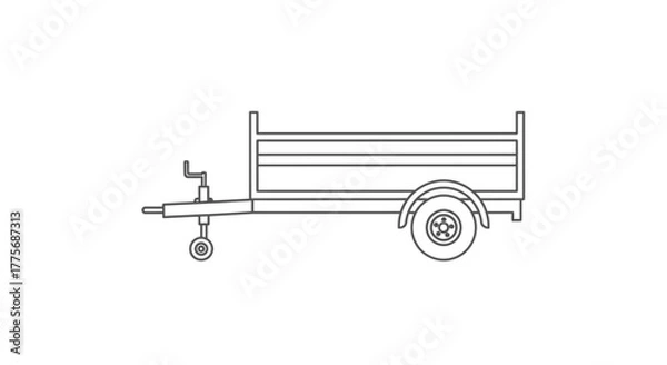 Obraz Simple line drawing of a utility trailer with hitch and wheels