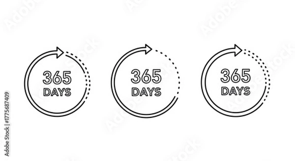 Obraz Three circular icons displaying 365 days with dotted arrow designs