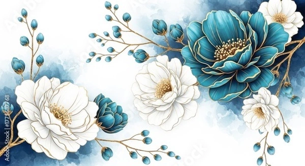 Fototapeta Sophisticated floral display isolated on white background showcasing white and teal peonies with golden touches, creating a luxurious and artistic composition