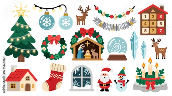 Fototapeta Festive Christmas cartoon illustrations set against a white backdrop for holiday-themed design, social media, or branding.