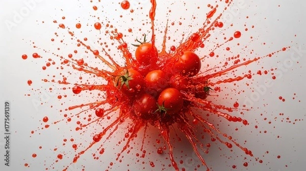 Fototapeta Juicy tomatoes in vibrant explosion, red liquid splash, a burst of freshness and energy.