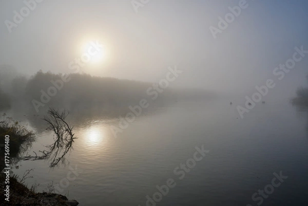 Fototapeta Foggy dawn in autumn by the river.