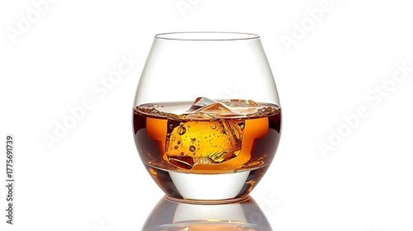 Fototapeta A arrack glass with golden liquid on white background, rich light reflections.