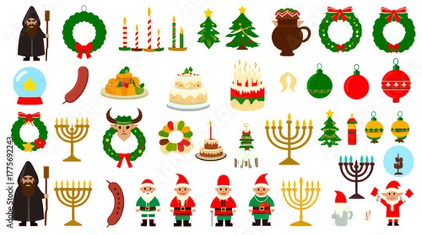 Fototapeta Christmas and Hanukkah clipart set features holiday foods, gifts, and characters for festive designs.