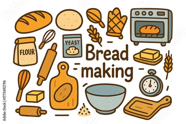 Fototapeta Fun Bread Baking Doodles. Bread making. Hand-drawn doodle illustration of Bread making. loaf of bread, dough