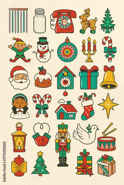 Fototapeta Retro Christmas pattern features various festive elements in bright colors. For product packaging, scrapbooking, and holiday greeting cards.