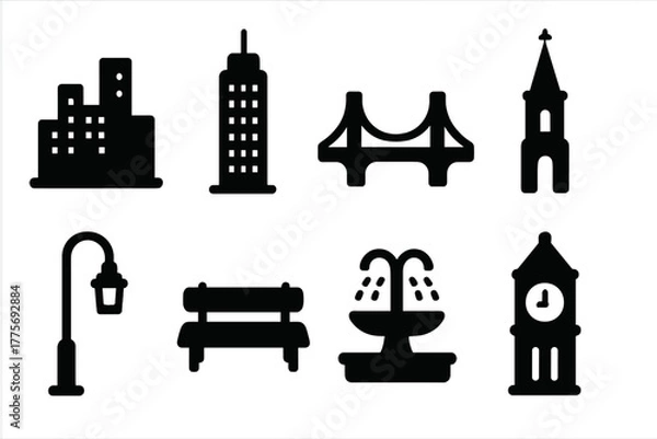 Obraz Cityscape Icon Set. Cityscape Sketch. Filled icon set of Cityscape Sketch: skyline, skyscraper, bridge, church