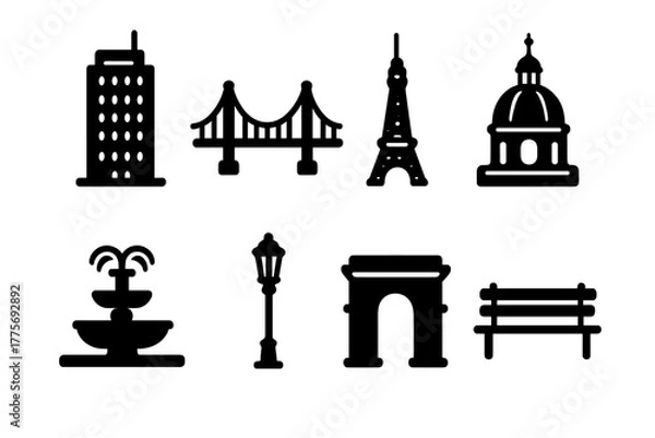 Obraz City Icon Sketches. City Architecture Sketch. Filled icon set of City Architecture Sketch: skyscraper, bridge,