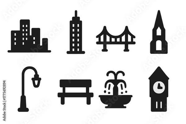 Obraz Urban Icon Collection. Cityscape Sketch. Filled icon set of Cityscape Sketch: skyline, skyscraper, bridge,