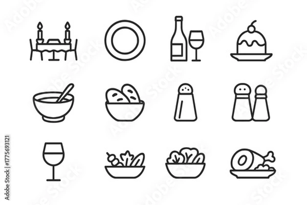 Fototapeta Elegant Dining Icons. Dining experience. Line outline icon set of dining experience: candlelight dinner, plate