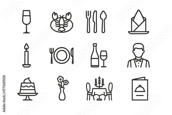 Fototapeta Fine Dining Icons. Fine dining. Line outline icon set of fine dining: champagne glass, lobster dish,
