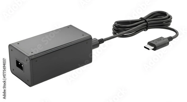 Fototapeta Black power adapter with usbc cable isolated on transparent background