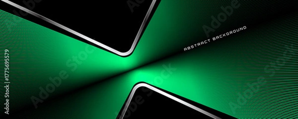 Fototapeta 3D green stripes techno abstract background overlap layer on dark space with curved silver lines decoration. Modern graphic design element glowing style concept for web, flyer, card, or brochure cover
