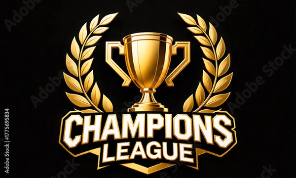 Fototapeta Golden Champions League Trophy and Laurel Wreath Emblem on Elegant Black Background