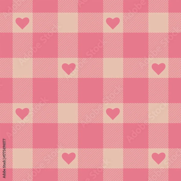 Obraz Seamless pink color check heart pattern.Repeating patern plaid. Checkered design for prints.Repeated tartan fabric.Vector scottish fabriс. Ekose texture. Madras flannel.Checker line.Stripe gingham.


