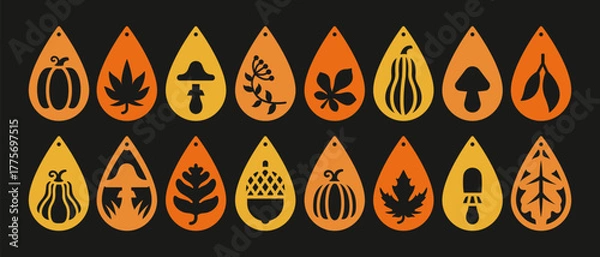 Fototapeta Set of 16 designs with autumn elements for teardrops earrings, pendant or keychain. Vector stencils of hanging bijouterie. Jewelry cutting template. Laser, plotter, cnc cut with metal, wood or leather