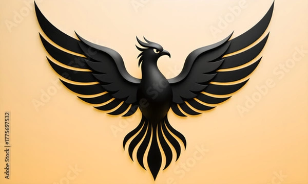 Fototapeta Majestic black phoenix with outstretched wings soaring on a vibrant peach background