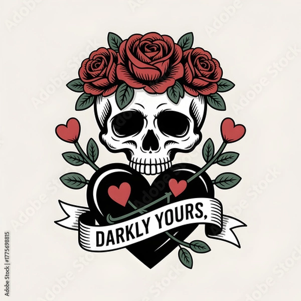 Fototapeta Darkly Yours Graphic: Gothic Skull with Red Roses and Banner on Black Heart