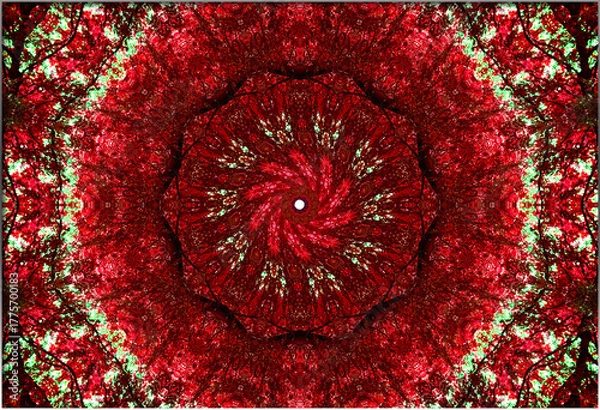 Fototapeta It starts with a jolt, red and green shards spinning out from the core like a cracked kaleidoscope. The vortex hums with static, beautiful and uneasy.