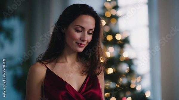 Obraz A cinematic ultra-realistic video of a woman in an elegant deep red satin dress standing near a glowing Christmas tree. She slowly turns her head toward the light, her lips form a