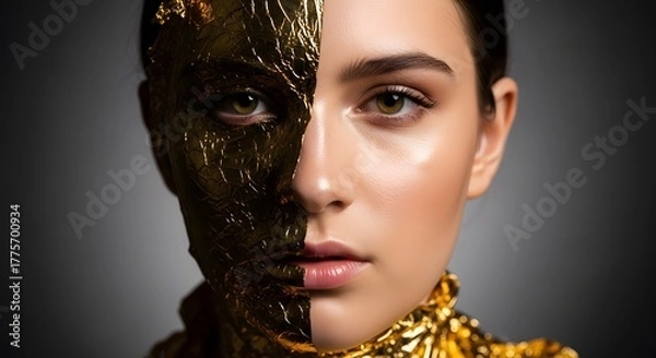Fototapeta Portrait of a woman with half her face covered in gold leaf and a neutral background