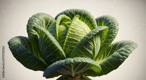 Obraz Close up of a fresh green cabbage with water droplets on its leaves against white