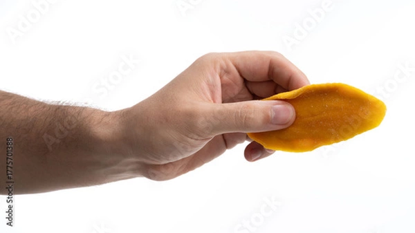 Obraz Hand holding a piece of bright orange mango slice against a light background