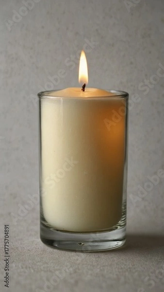 Obraz Lit white candle in clear glass holder on neutral background
