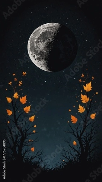 Obraz Autumn leaves rising toward half moon in dark night sky