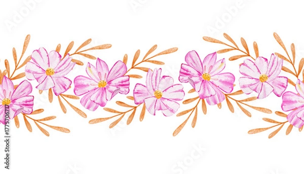 Fototapeta Seamless pattern of pink flowers and gold leaves. Horizontal template for banner or wedding invitation. Watercolor botanical illustration with plants.