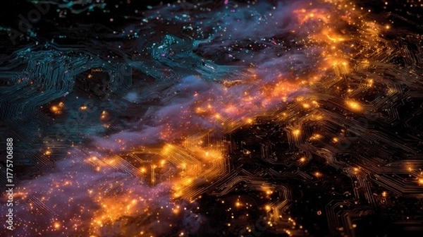 Fototapeta A long exposure photograph of glowing, molten rare earth elements (like neodymium and praseodymium) flowing through a circuit board that transforms into a starry galaxy. 