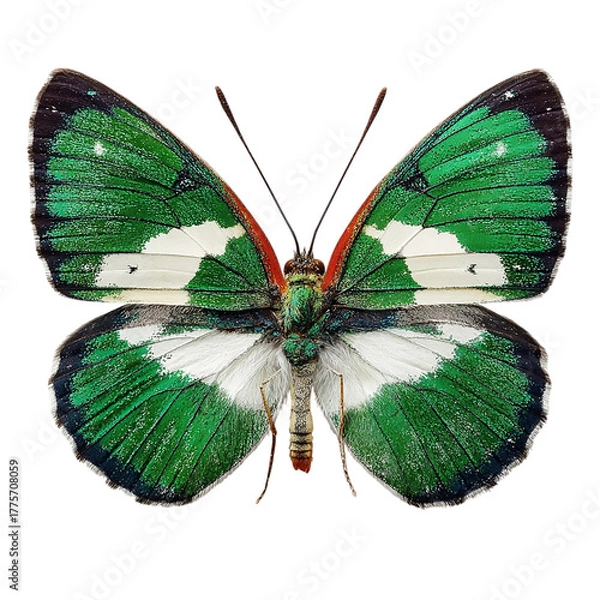 Obraz A green and black striped butterfly, wings fully open, clean white background, realistic texture