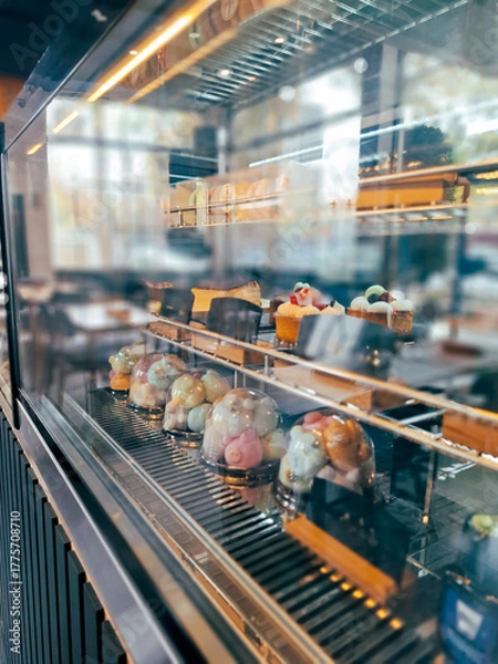 Obraz Wide View of a Modern Bakery Display Case Filled with Assorted Desserts.